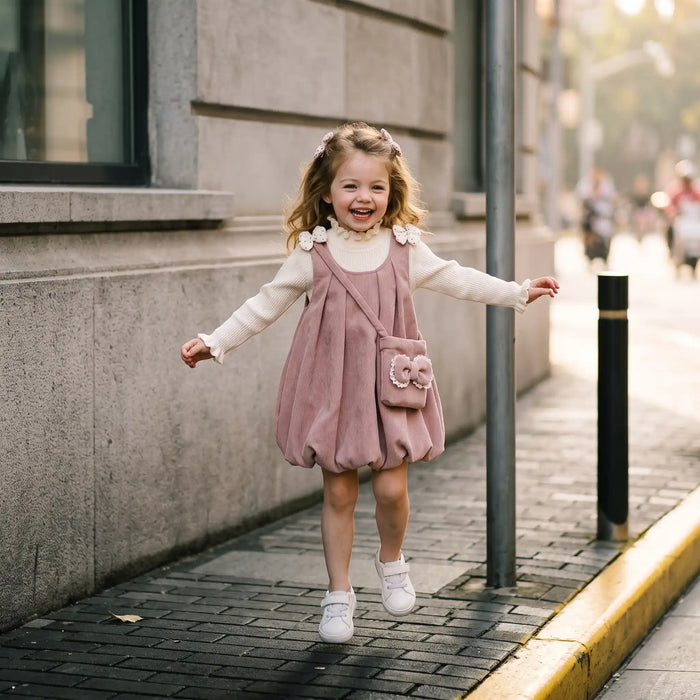Blush Bow Corduroy Bubble-Hem Pinafore Dress & Top Set