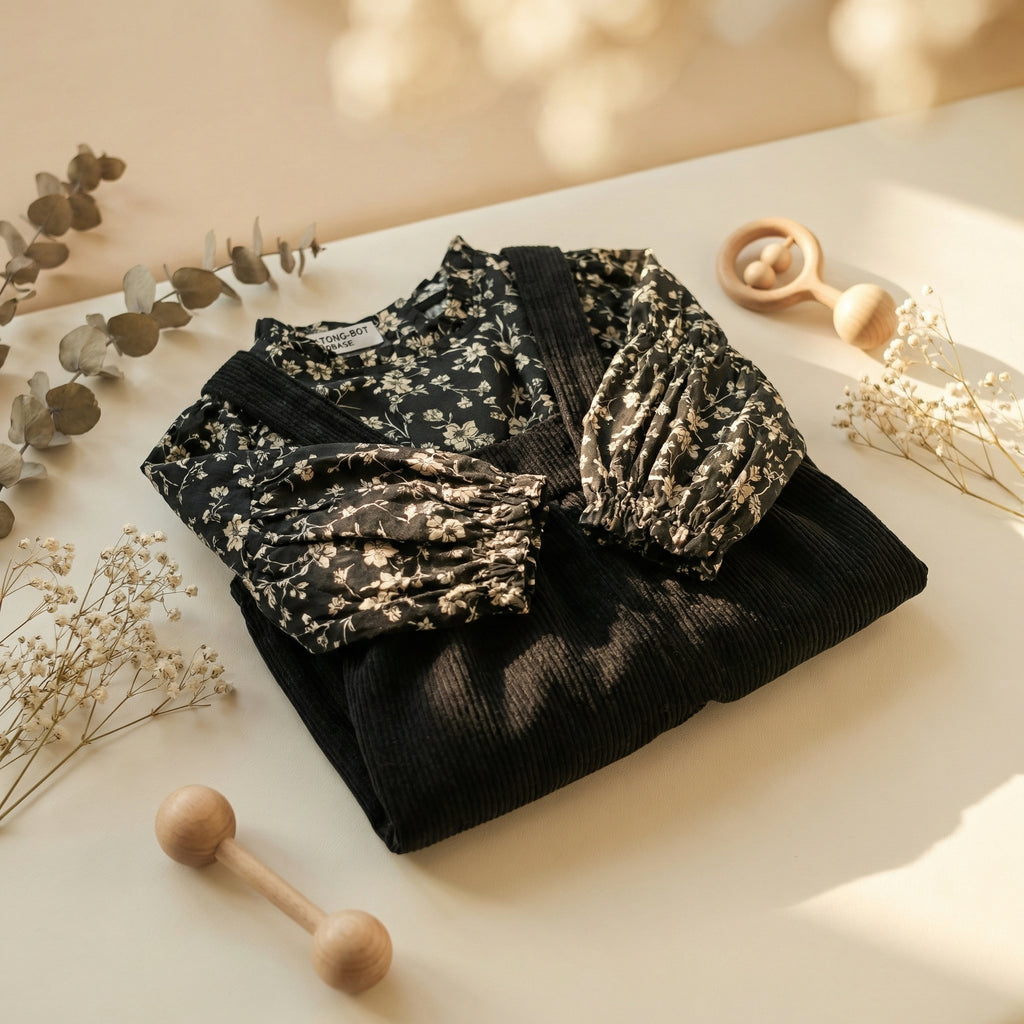 TATATONG-BOT [THE LORE OF VESTIGIA] 10BASE-13 "Midnight Flora" Archival Vintage Floral Blouse & Fine-Wale Corduroy Bloomer Set // Infants' & Toddlers' 2-Piece Milestone Specimen Suit, Special Occasion & Formal Heirloom Gown
