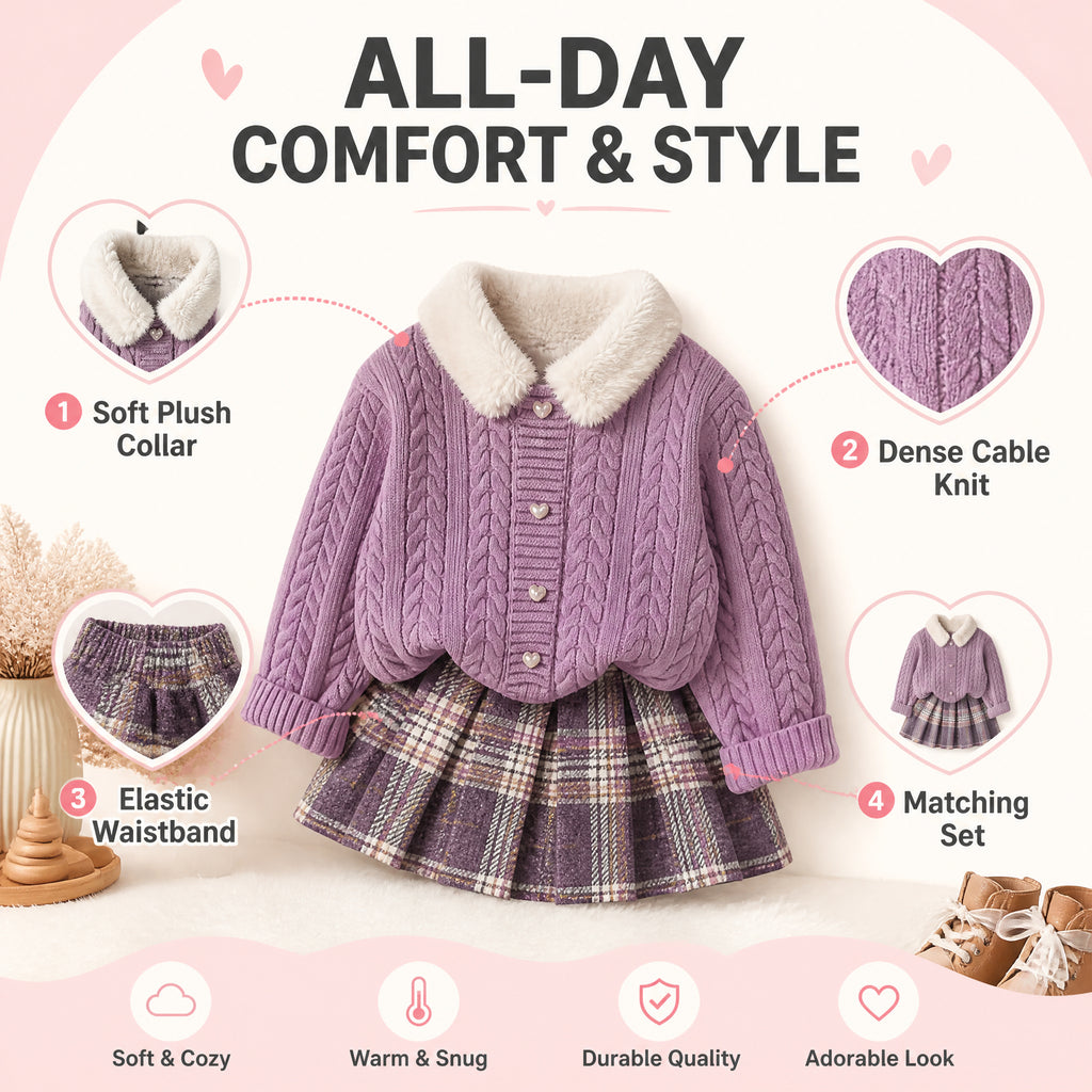 Heirloom Heart Cable-Knit Cardigan & Plaid Skirt Set