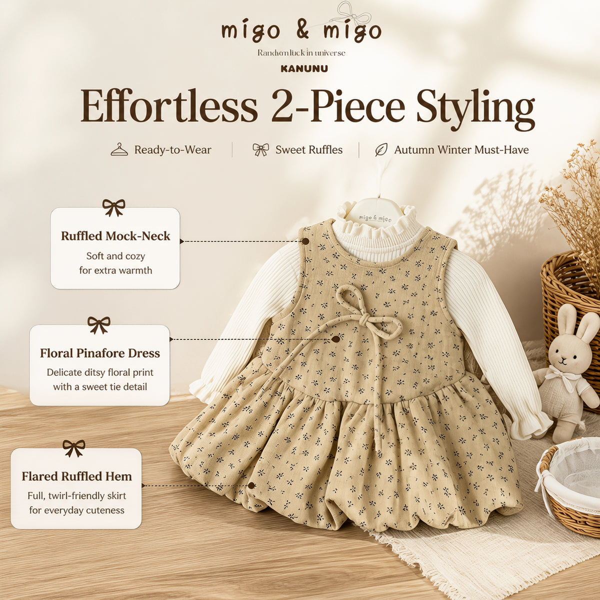 Little Meadow Floral Pinafore Dress & Ruffle-Neck Top Set