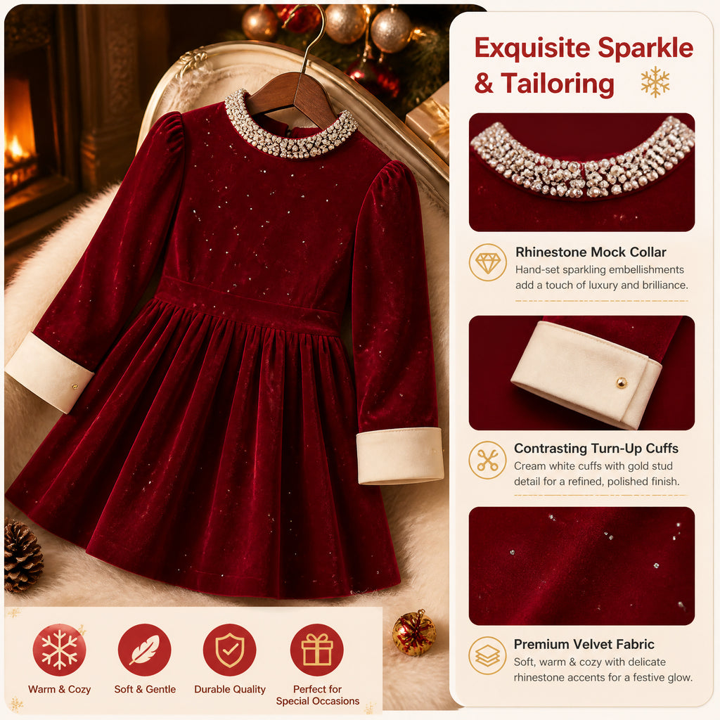 Ruby Starlight Embellished-Collar Velvet Party Dress