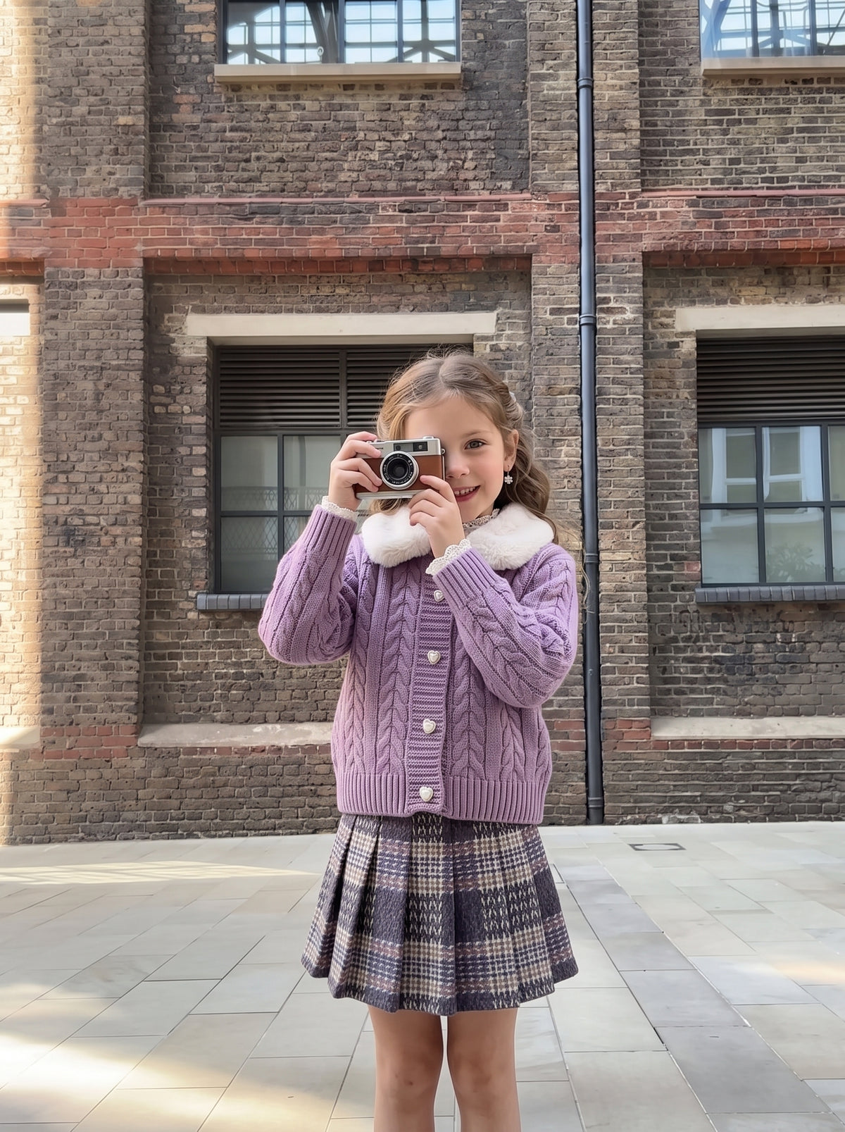 Heirloom Heart Cable-Knit Cardigan & Plaid Skirt Set