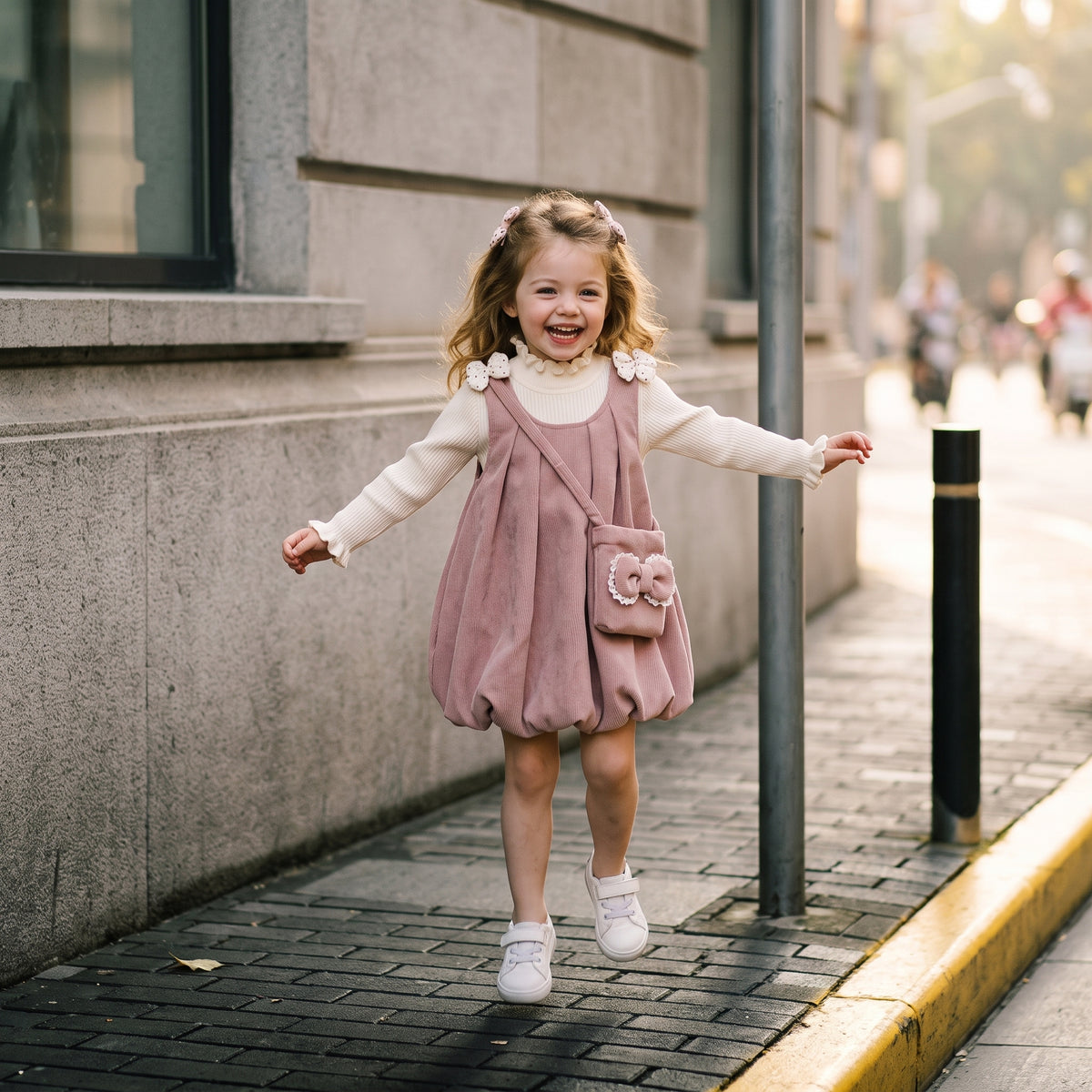 Blush Bow Corduroy Bubble-Hem Pinafore Dress & Top Set