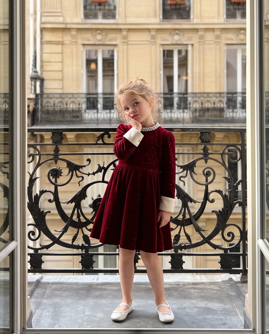 Ruby Starlight Embellished-Collar Velvet Party Dress