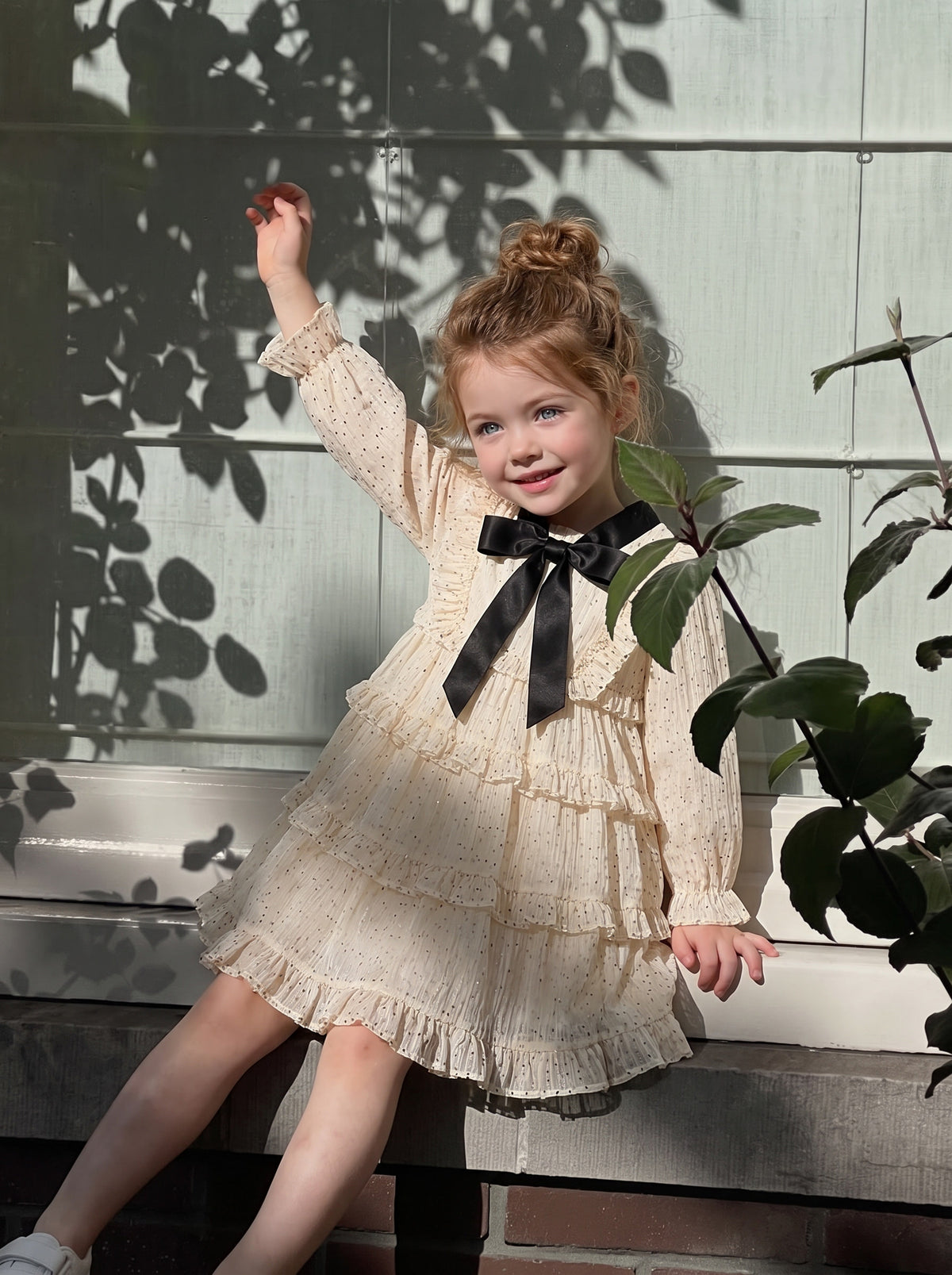 Midnight Ribbon Polka-Dot Ruffle Dress for TATATONG Girls