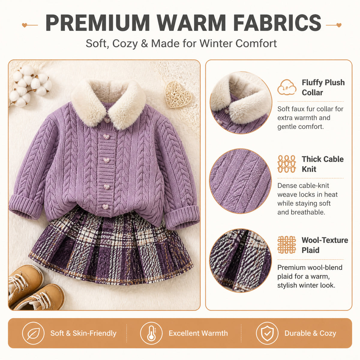 Heirloom Heart Cable-Knit Cardigan & Plaid Skirt Set