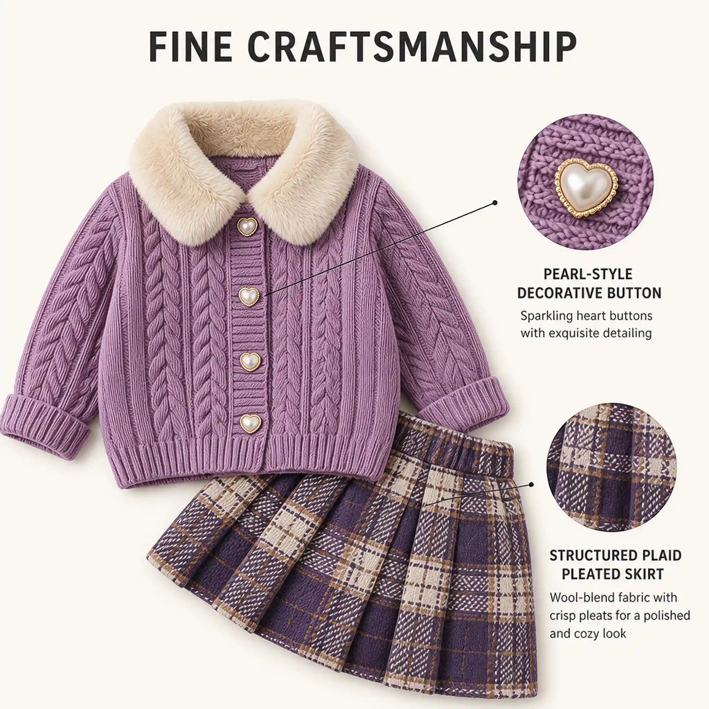 Heirloom Heart Cable-Knit Cardigan & Plaid Skirt Set