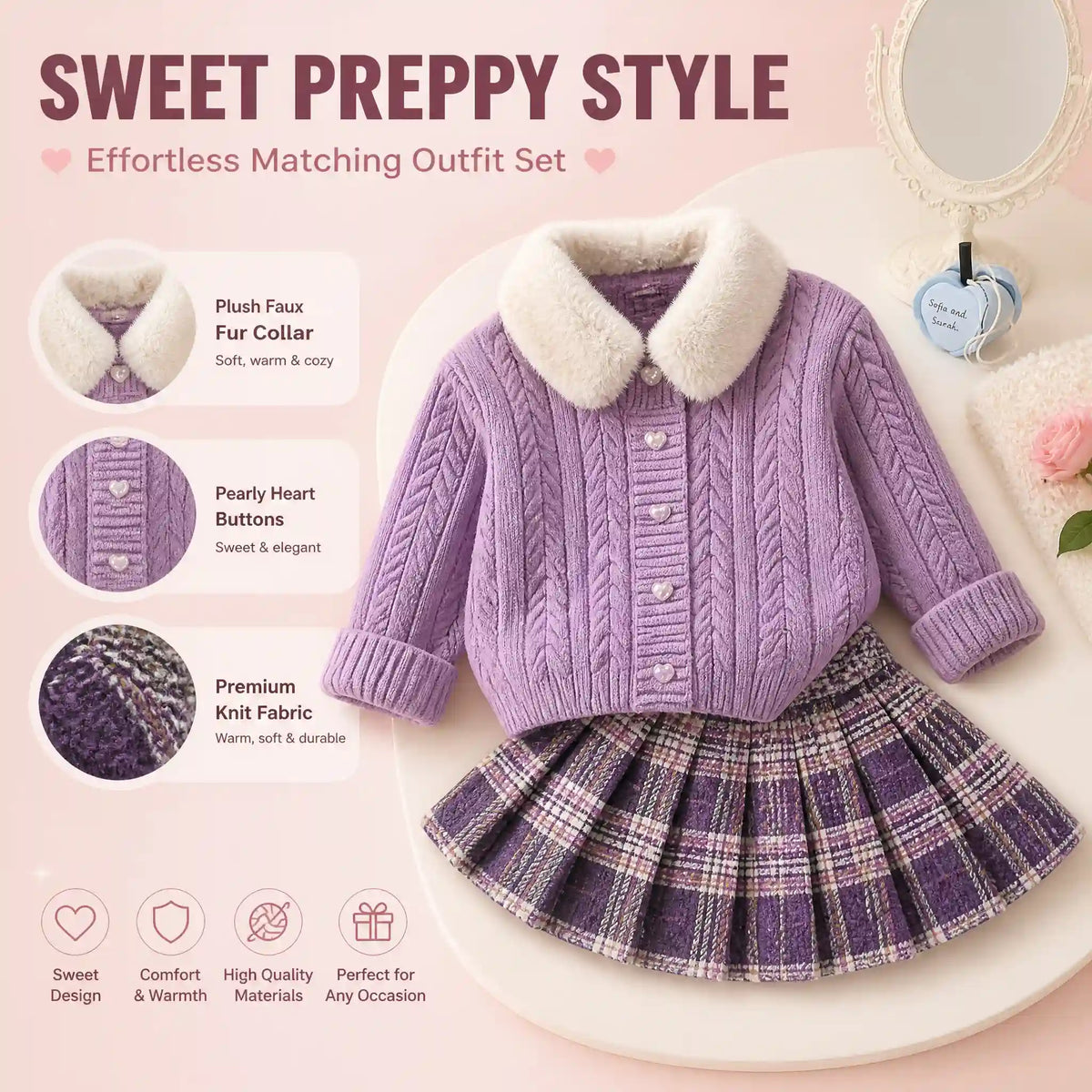 Heirloom Heart Cable-Knit Cardigan & Plaid Skirt Set
