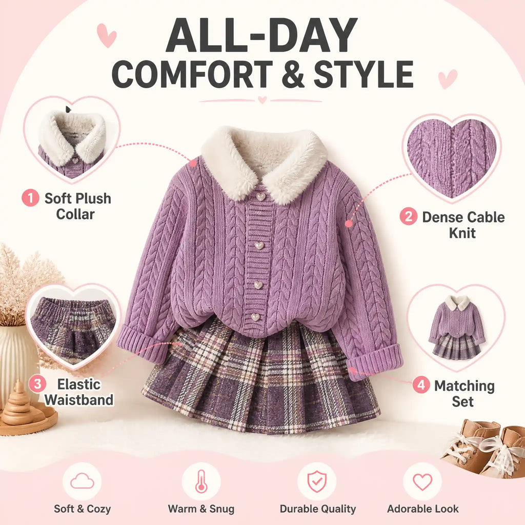 Heirloom Heart Cable-Knit Cardigan & Plaid Skirt Set