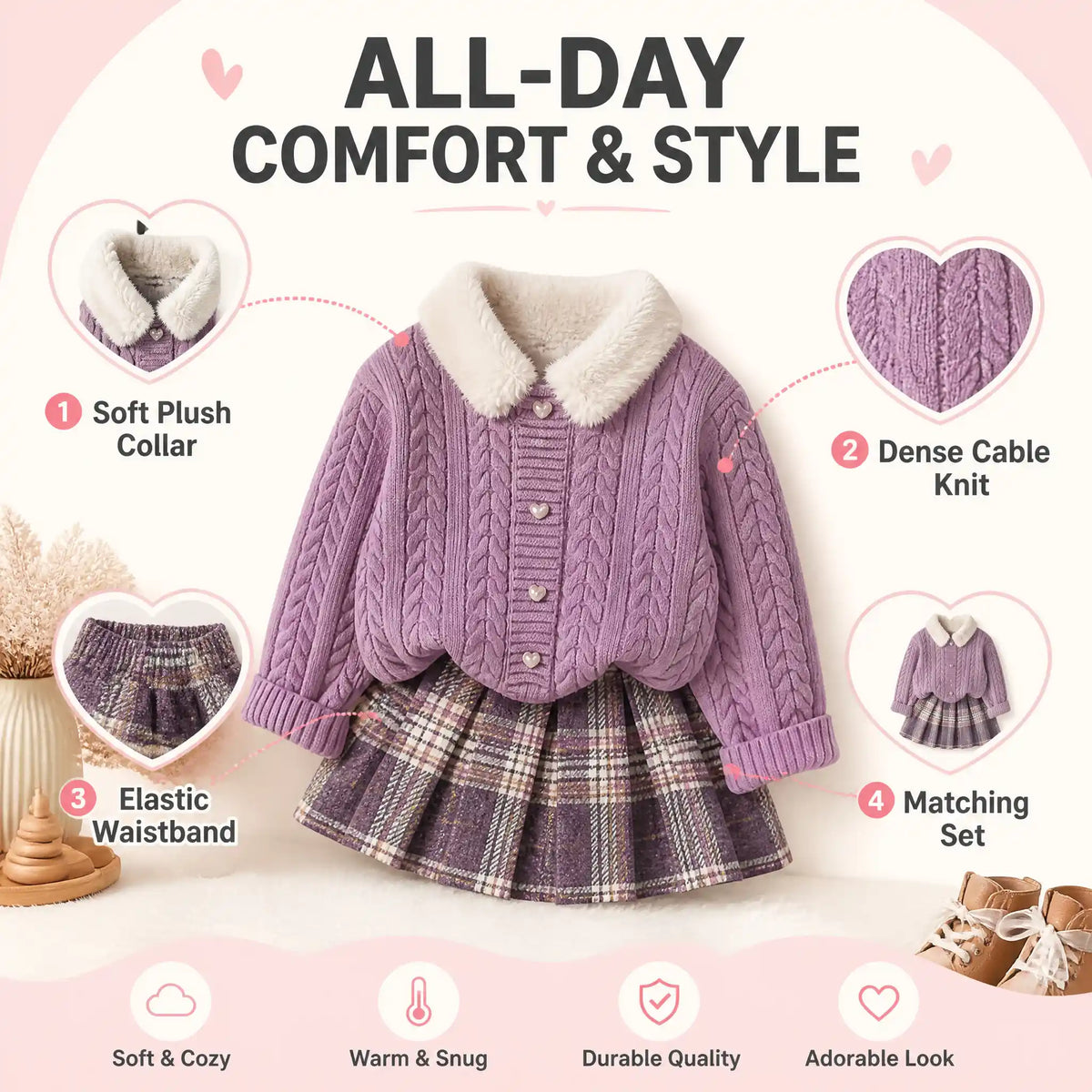 Heirloom Heart Cable-Knit Cardigan & Plaid Skirt Set