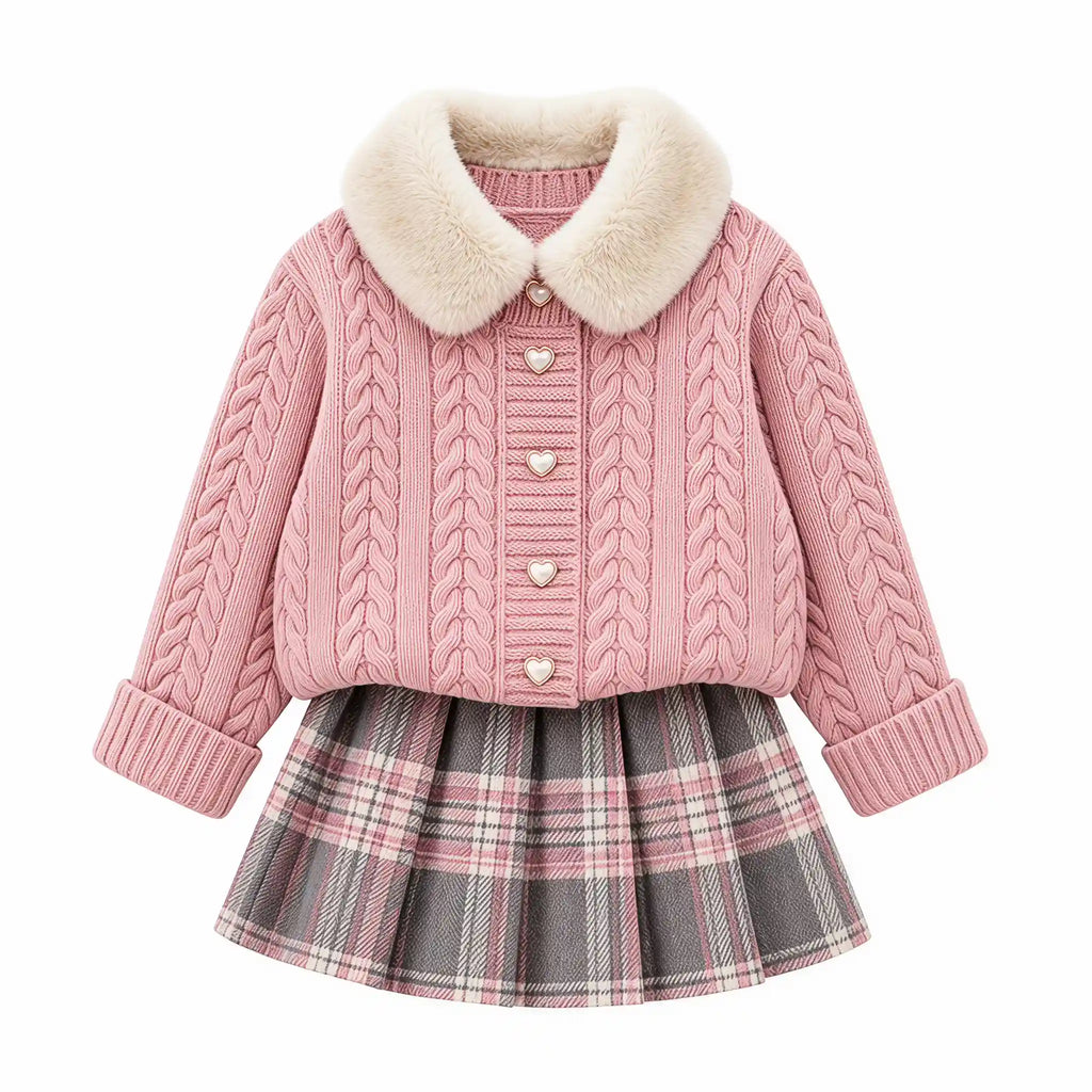 Heirloom Heart Cable-Knit Cardigan & Plaid Skirt Set