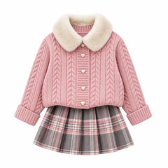 Heirloom Heart Cable-Knit Cardigan & Plaid Skirt Set