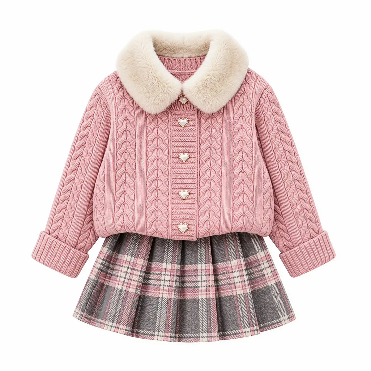Heirloom Heart Cable-Knit Cardigan & Plaid Skirt Set