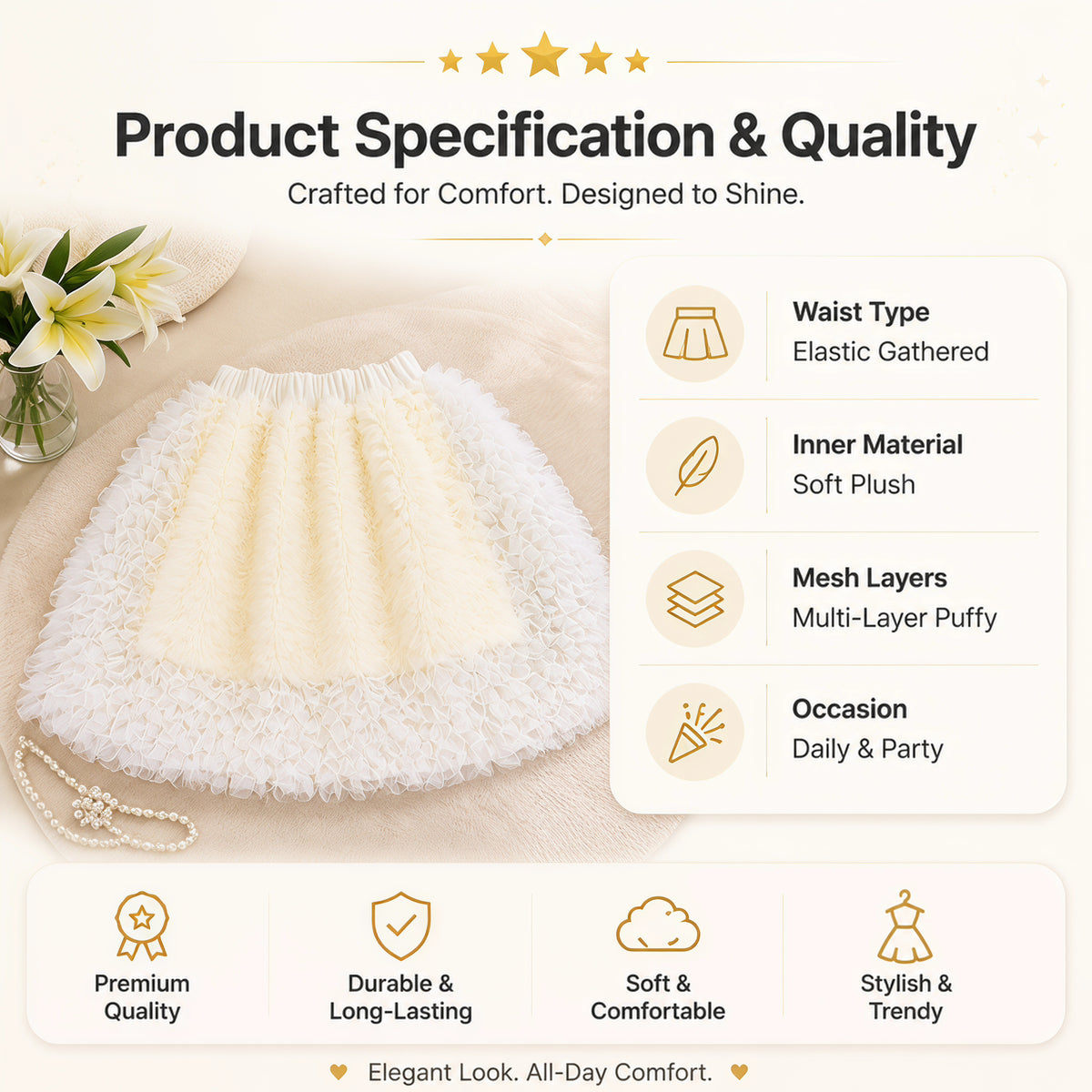 Ivory Cloud Textured Tulle Party Skirt for TATATONG Girls