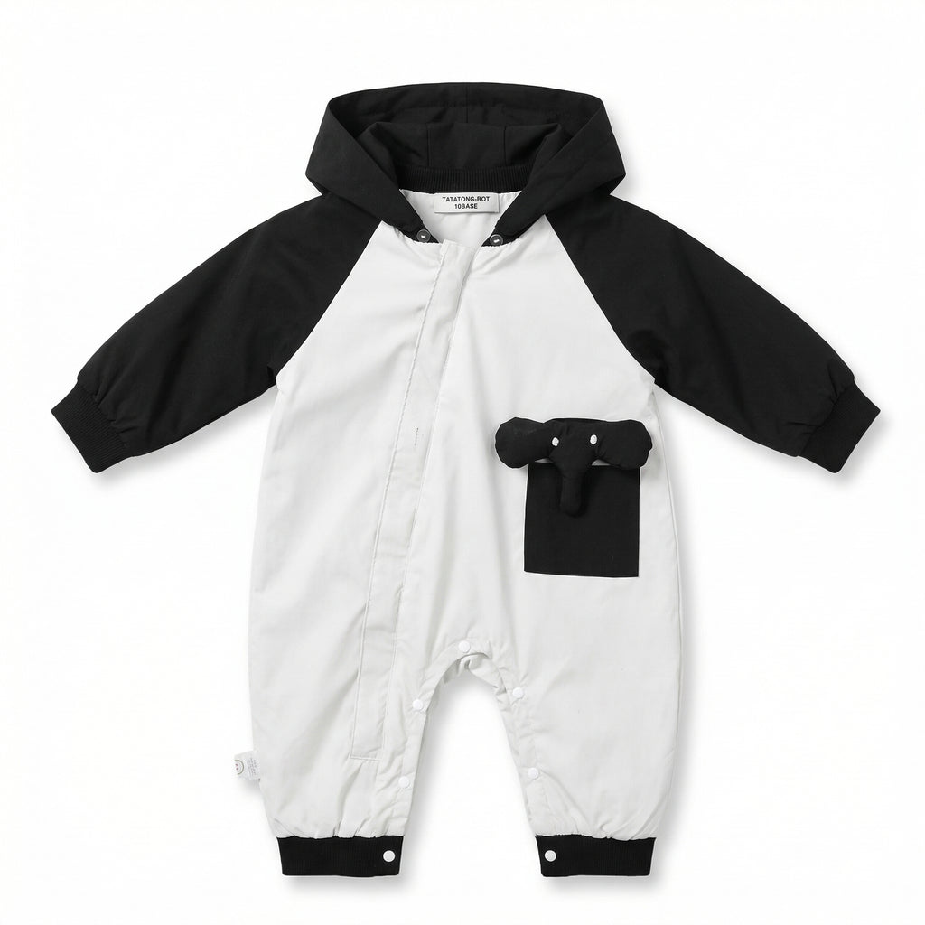 TATATONG-BOT [MONOLITH] 10BASE-15 "Monochrome Elephas" High-Contrast Hooded Raglan Architectural Romper // Infant & Toddler Protective Jumpsuit, Hooded One-Piece & Sensory-Soft Playwear Suit