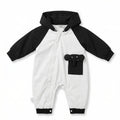 TATATONG-BOT [MONOLITH] 10BASE-15 "Monochrome Elephas" High-Contrast Hooded Raglan Architectural Romper // Infant & Toddler Protective Jumpsuit, Hooded One-Piece & Sensory-Soft Playwear Suit