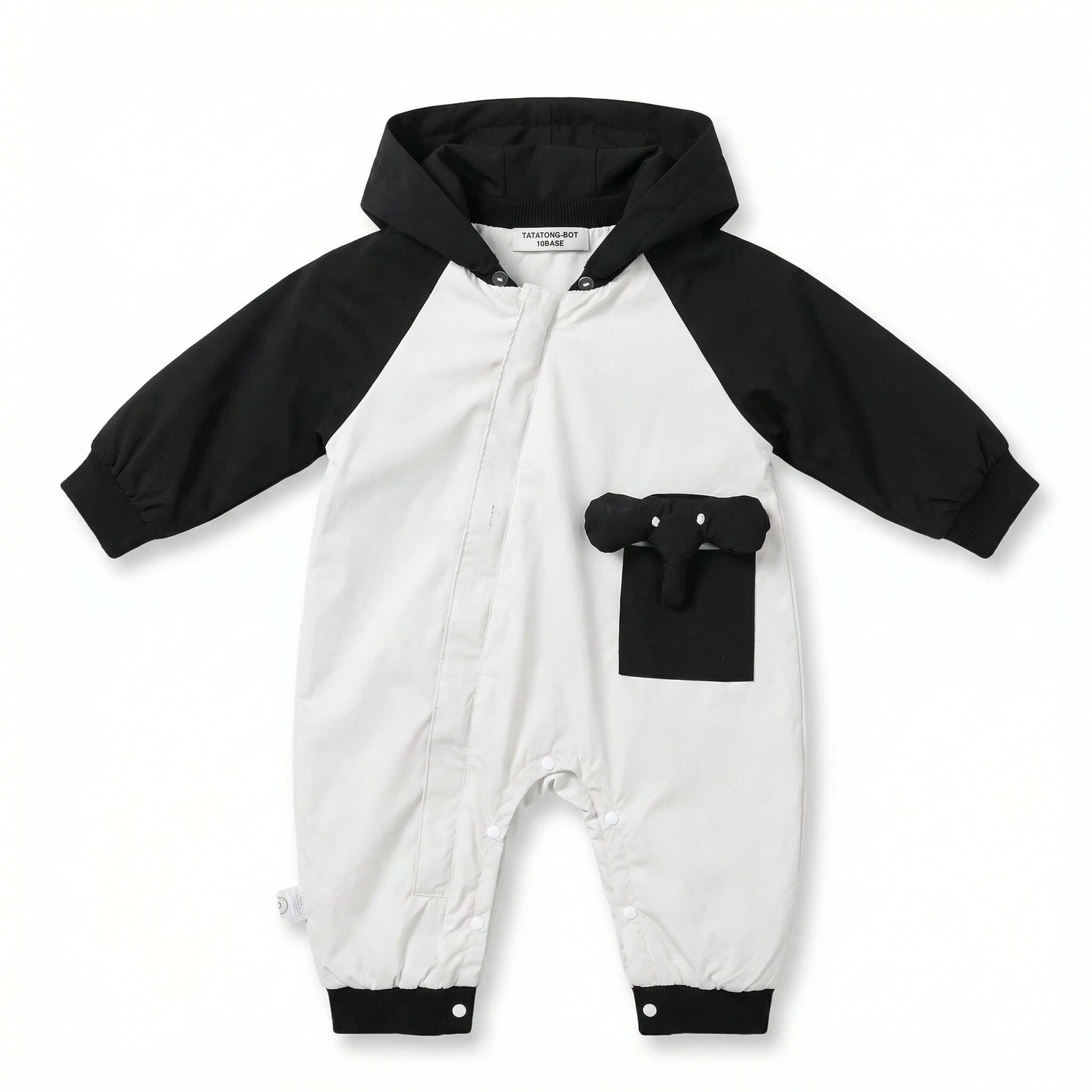 TATATONG-BOT [MONOLITH] 10BASE-15 "Monochrome Elephas" High-Contrast Hooded Raglan Architectural Romper // Infant & Toddler Protective Jumpsuit, Hooded One-Piece & Sensory-Soft Playwear Suit