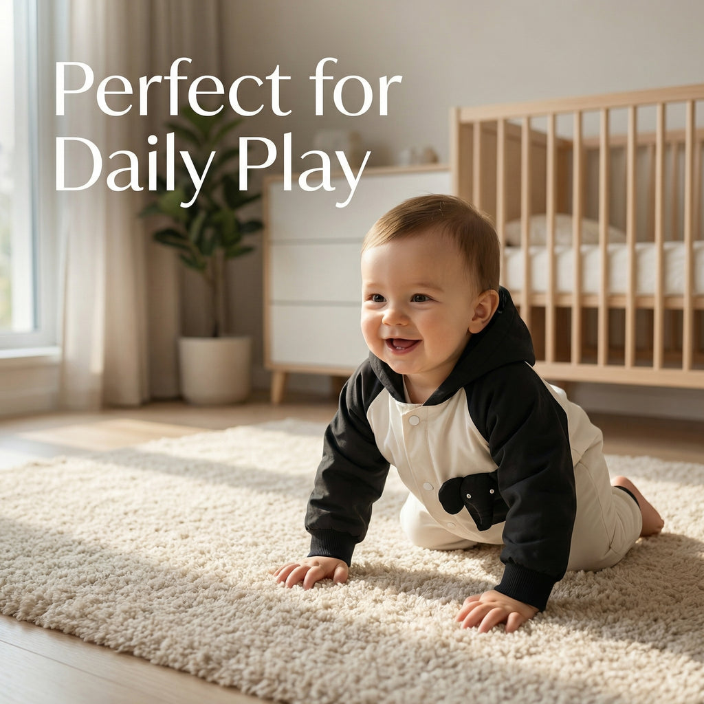 TATATONG-BOT [MONOLITH] 10BASE-15 "Monochrome Elephas" High-Contrast Hooded Raglan Architectural Romper // Infant & Toddler Protective Jumpsuit, Hooded One-Piece & Sensory-Soft Playwear Suit