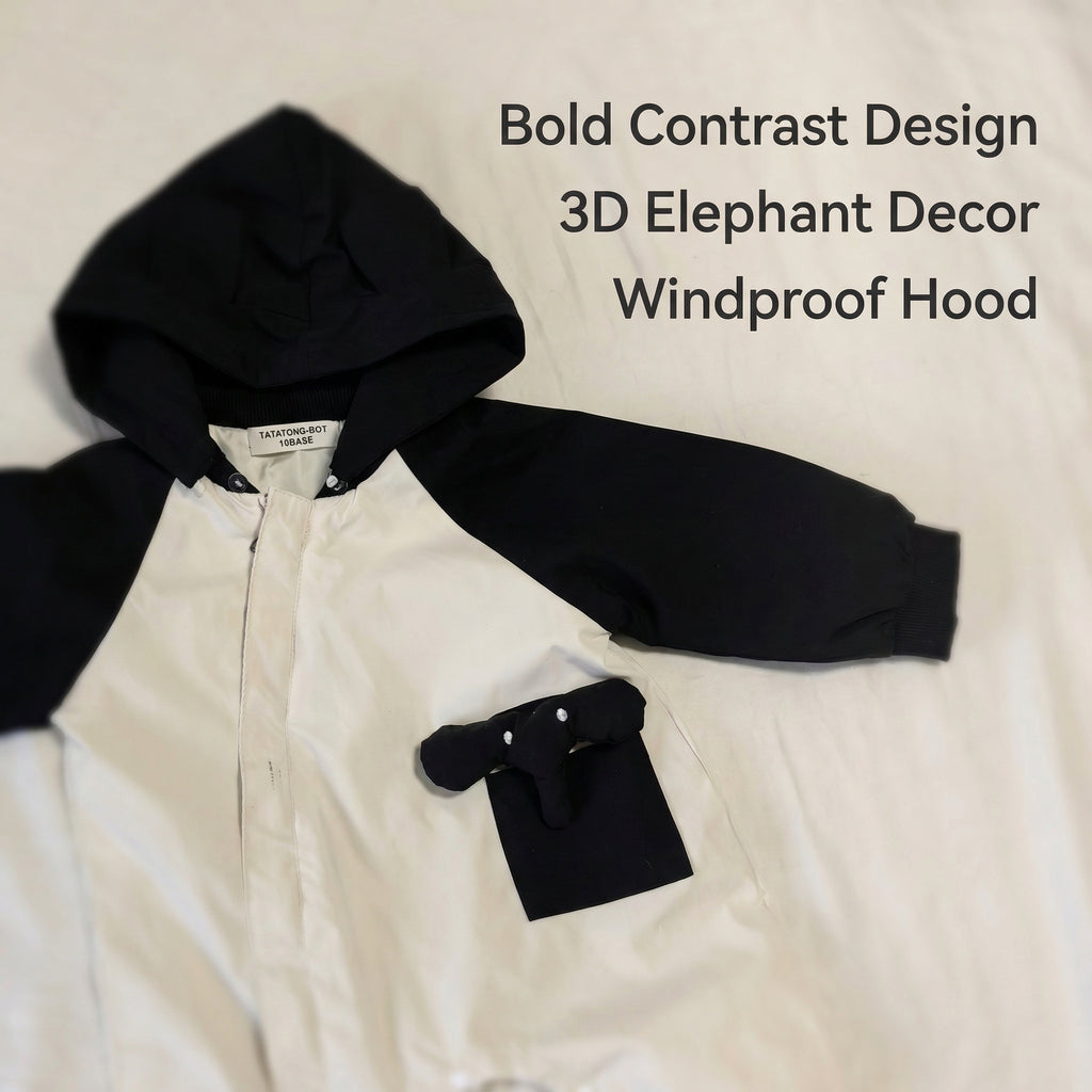 TATATONG-BOT [MONOLITH] 10BASE-15 "Monochrome Elephas" High-Contrast Hooded Raglan Architectural Romper // Infant & Toddler Protective Jumpsuit, Hooded One-Piece & Sensory-Soft Playwear Suit