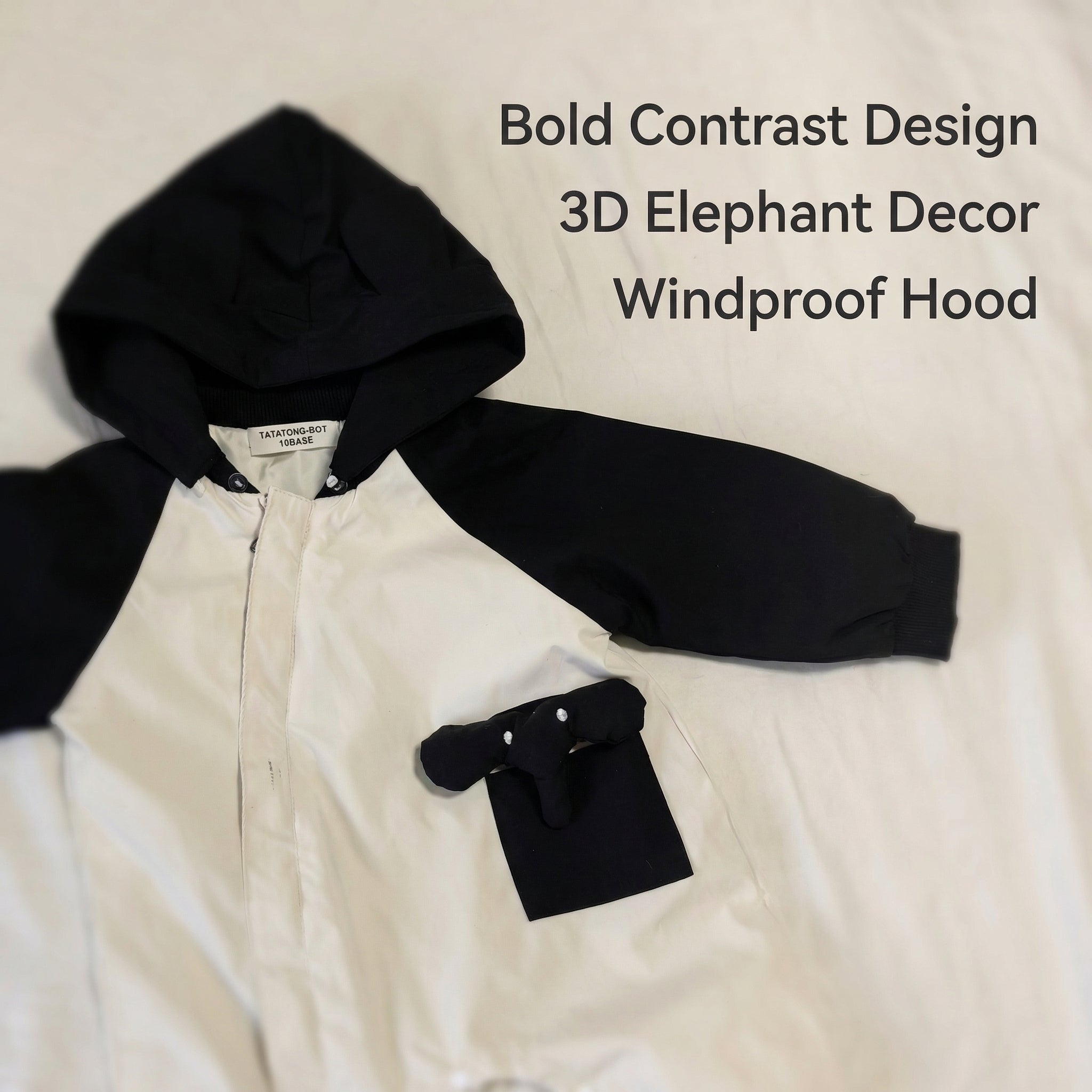 TATATONG-BOT [MONOLITH] 10BASE-15 "Monochrome Elephas" High-Contrast Hooded Raglan Architectural Romper // Infant & Toddler Protective Jumpsuit, Hooded One-Piece & Sensory-Soft Playwear Suit