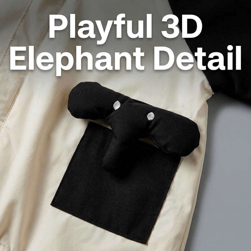 TATATONG-BOT [MONOLITH] 10BASE-15 "Monochrome Elephas" High-Contrast Hooded Raglan Architectural Romper // Infant & Toddler Protective Jumpsuit, Hooded One-Piece & Sensory-Soft Playwear Suit