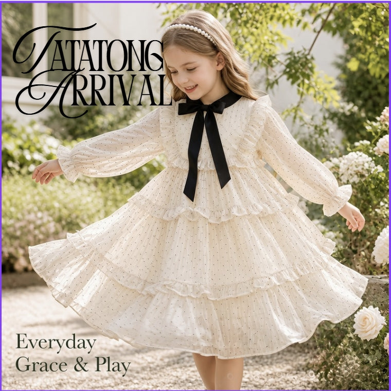 Midnight Ribbon Polka-Dot Ruffle Dress for TATATONG Girls
