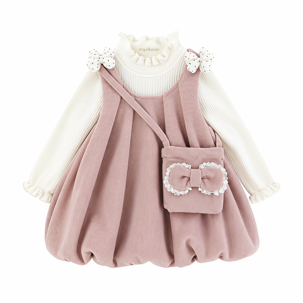 Blush Bow Corduroy Bubble-Hem Pinafore Dress & Top Set