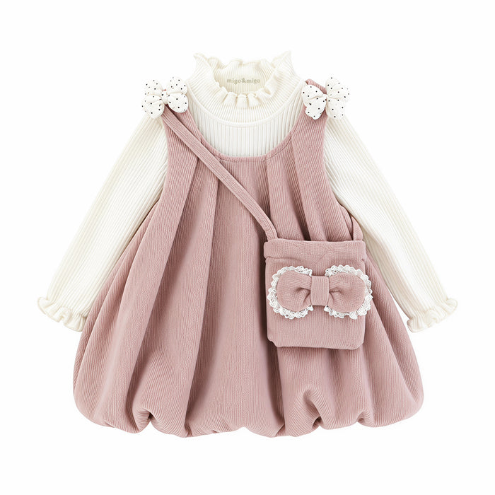 Blush Bow Corduroy Bubble-Hem Pinafore Dress & Top Set