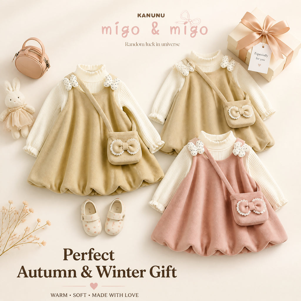 Blush Bow Corduroy Bubble-Hem Pinafore Dress & Top Set