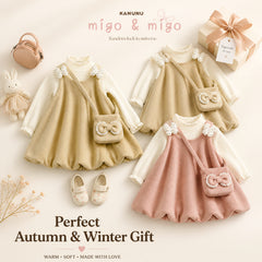 Blush Bow Corduroy Bubble-Hem Pinafore Dress & Top Set