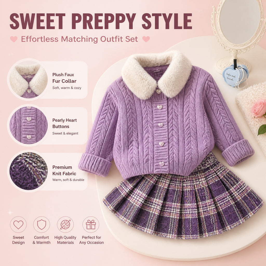 Heirloom Heart Cable-Knit Cardigan & Plaid Skirt Set