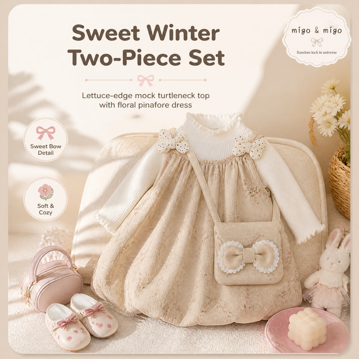 Blush Bow Corduroy Bubble-Hem Pinafore Dress & Top Set