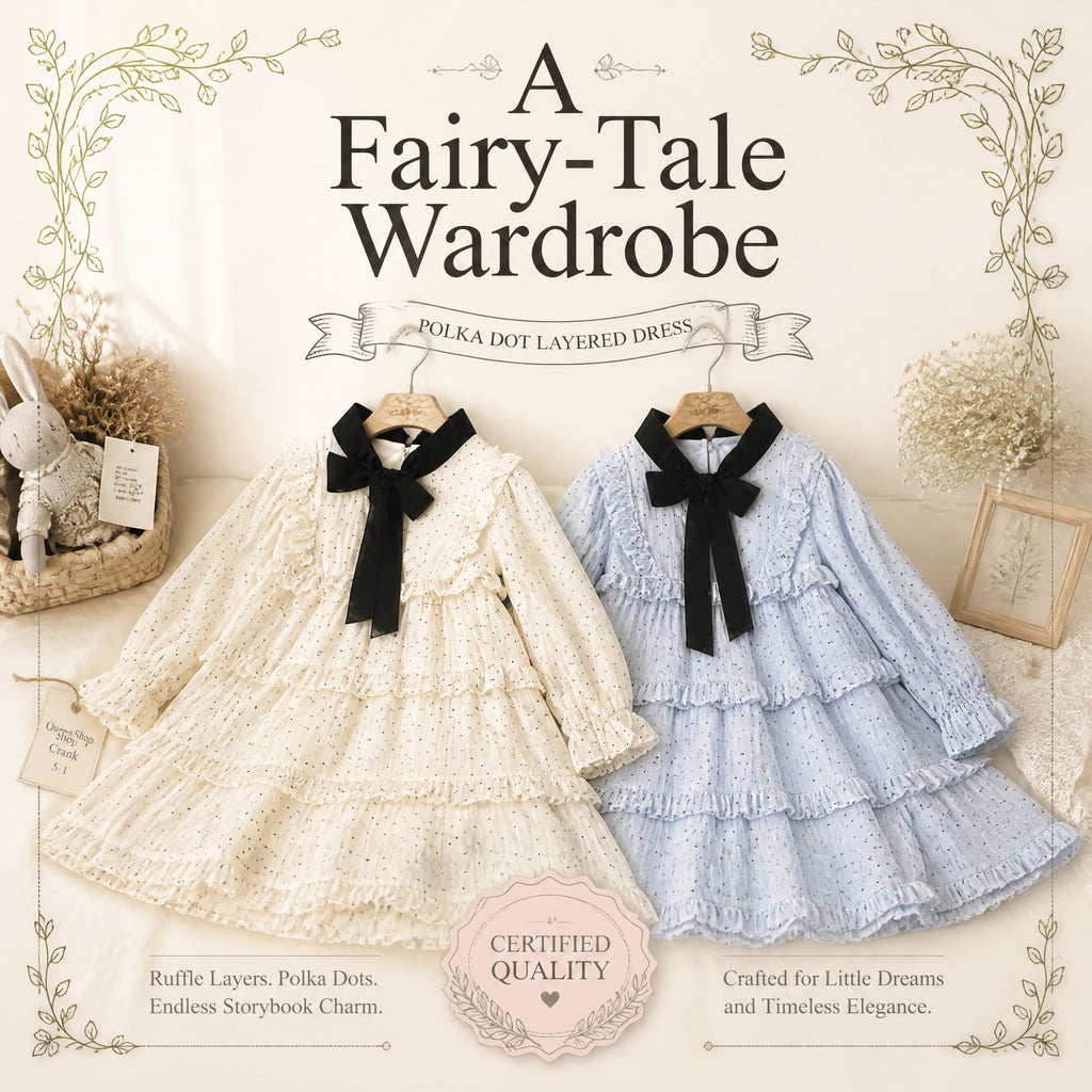 Midnight Ribbon Polka-Dot Ruffle Dress for TATATONG Girls