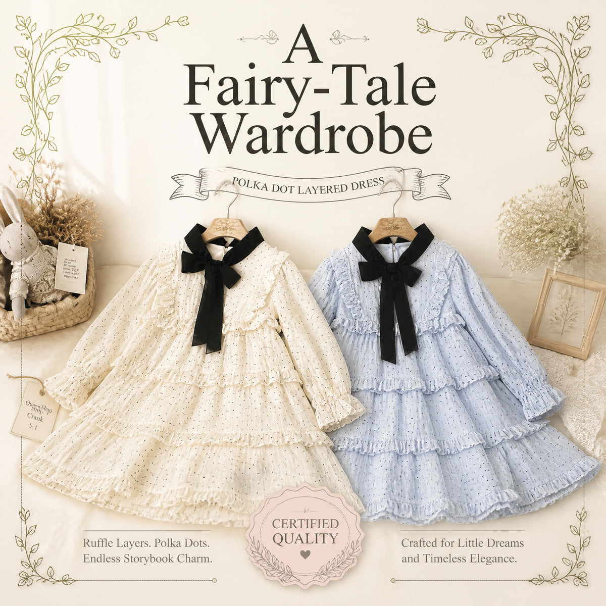 Midnight Ribbon Polka-Dot Ruffle Dress for TATATONG Girls