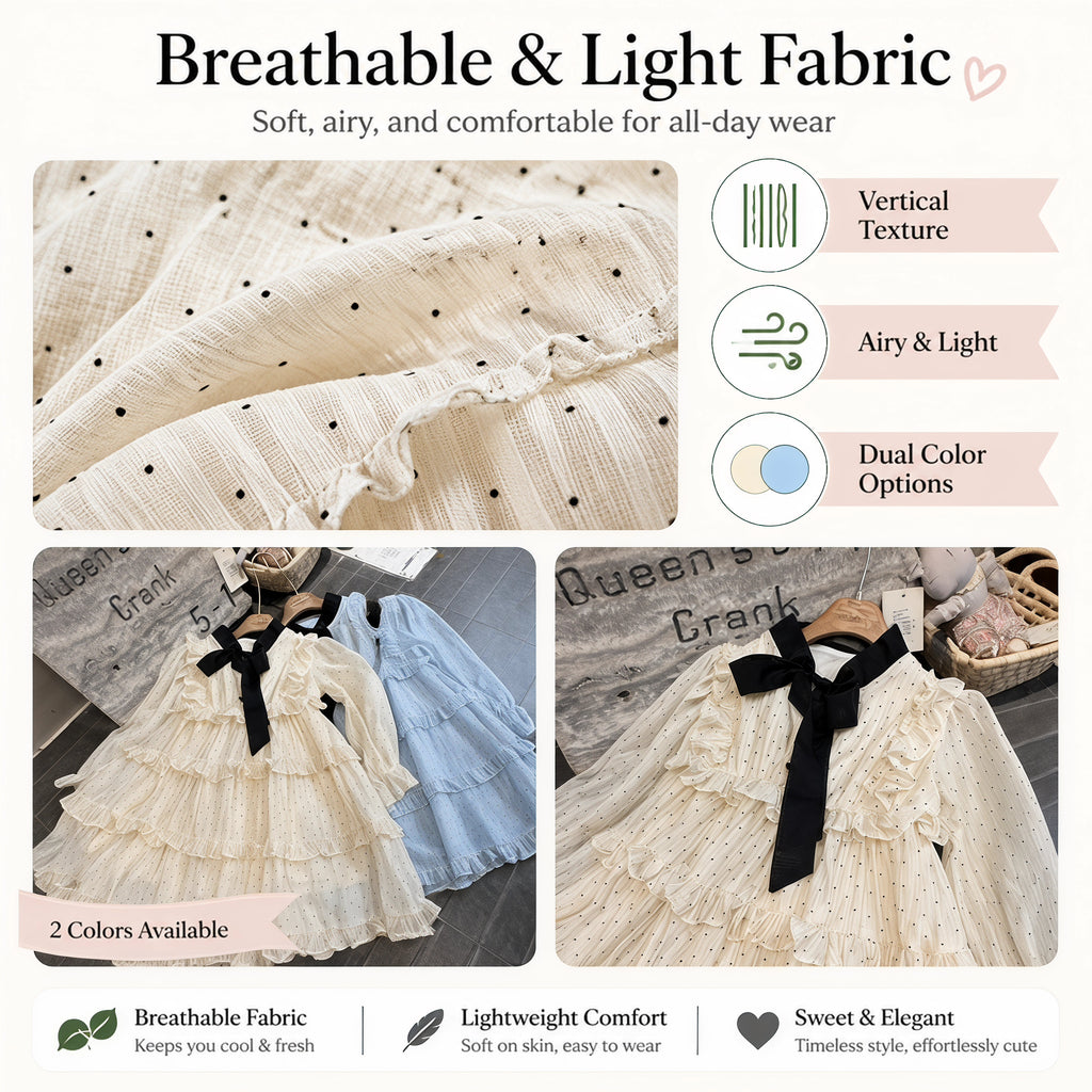 Midnight Ribbon Polka-Dot Ruffle Dress for TATATONG Girls