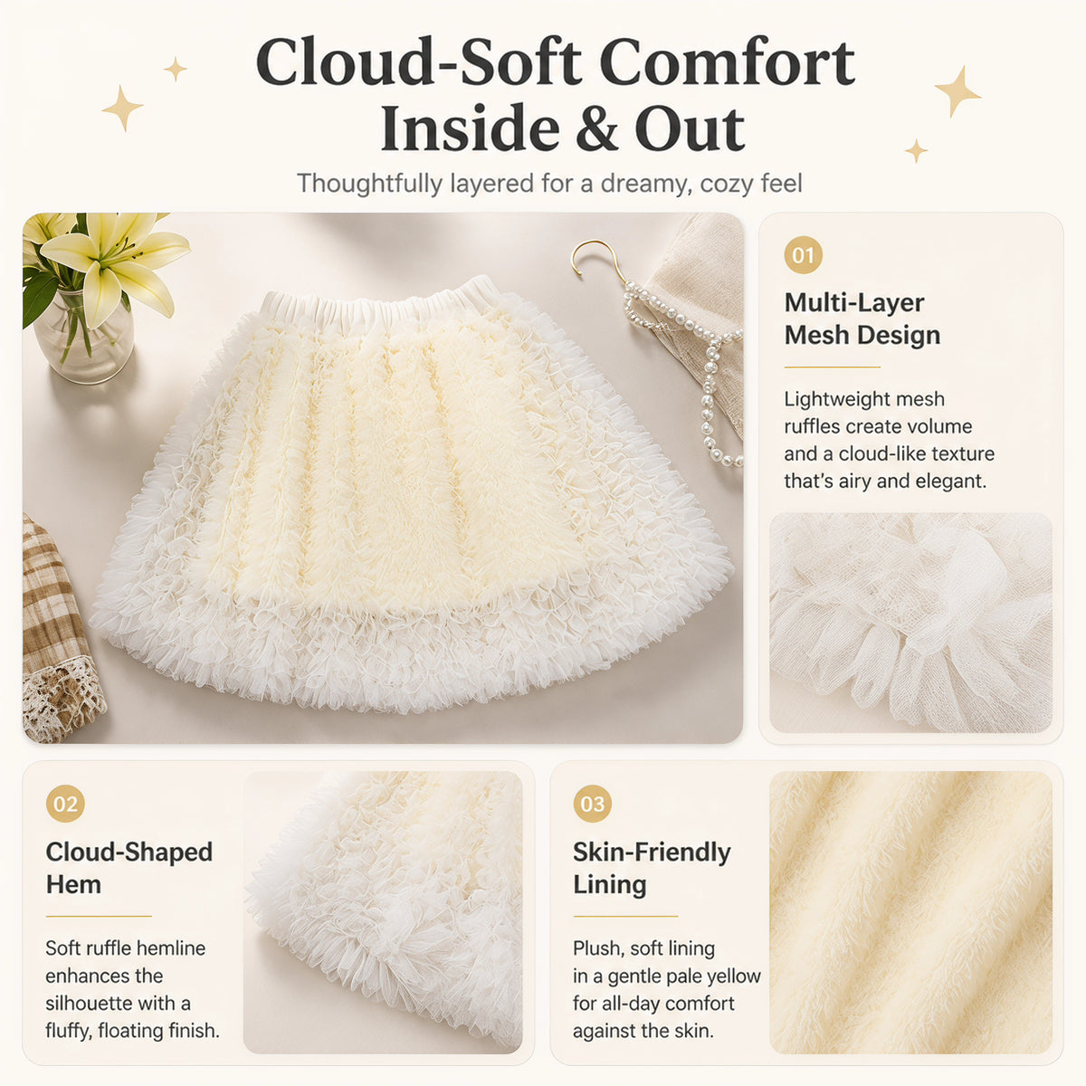 Ivory Cloud Textured Tulle Party Skirt for TATATONG Girls