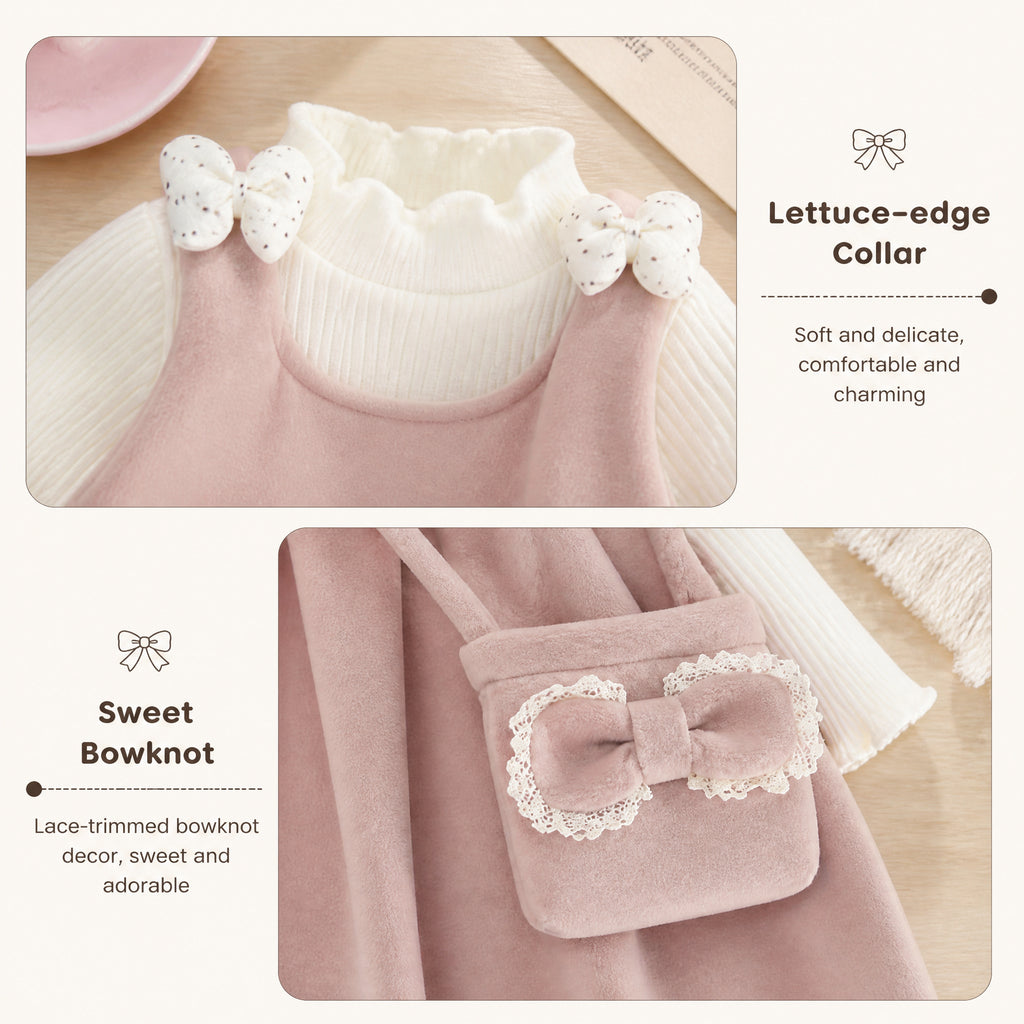 Blush Bow Corduroy Bubble-Hem Pinafore Dress & Top Set