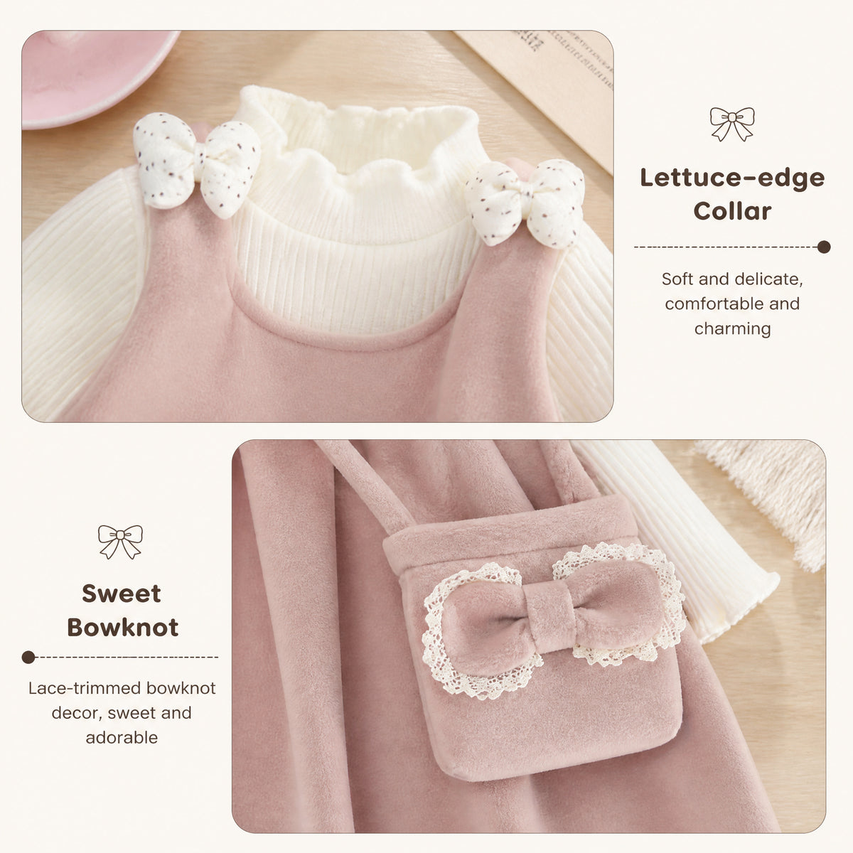 Blush Bow Corduroy Bubble-Hem Pinafore Dress & Top Set