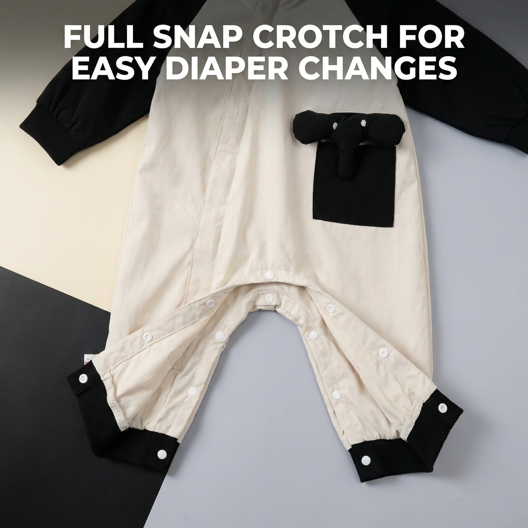 TATATONG-BOT [MONOLITH] 10BASE-15 "Monochrome Elephas" High-Contrast Hooded Raglan Architectural Romper // Infant & Toddler Protective Jumpsuit, Hooded One-Piece & Sensory-Soft Playwear Suit