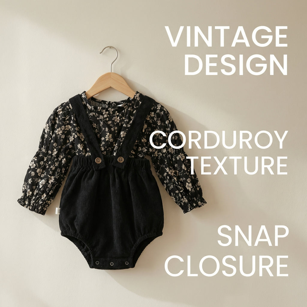 TATATONG-BOT [THE LORE OF VESTIGIA] 10BASE-13 "Midnight Flora" Archival Vintage Floral Blouse & Fine-Wale Corduroy Bloomer Set // Infants' & Toddlers' 2-Piece Milestone Specimen Suit, Special Occasion & Formal Heirloom Gown