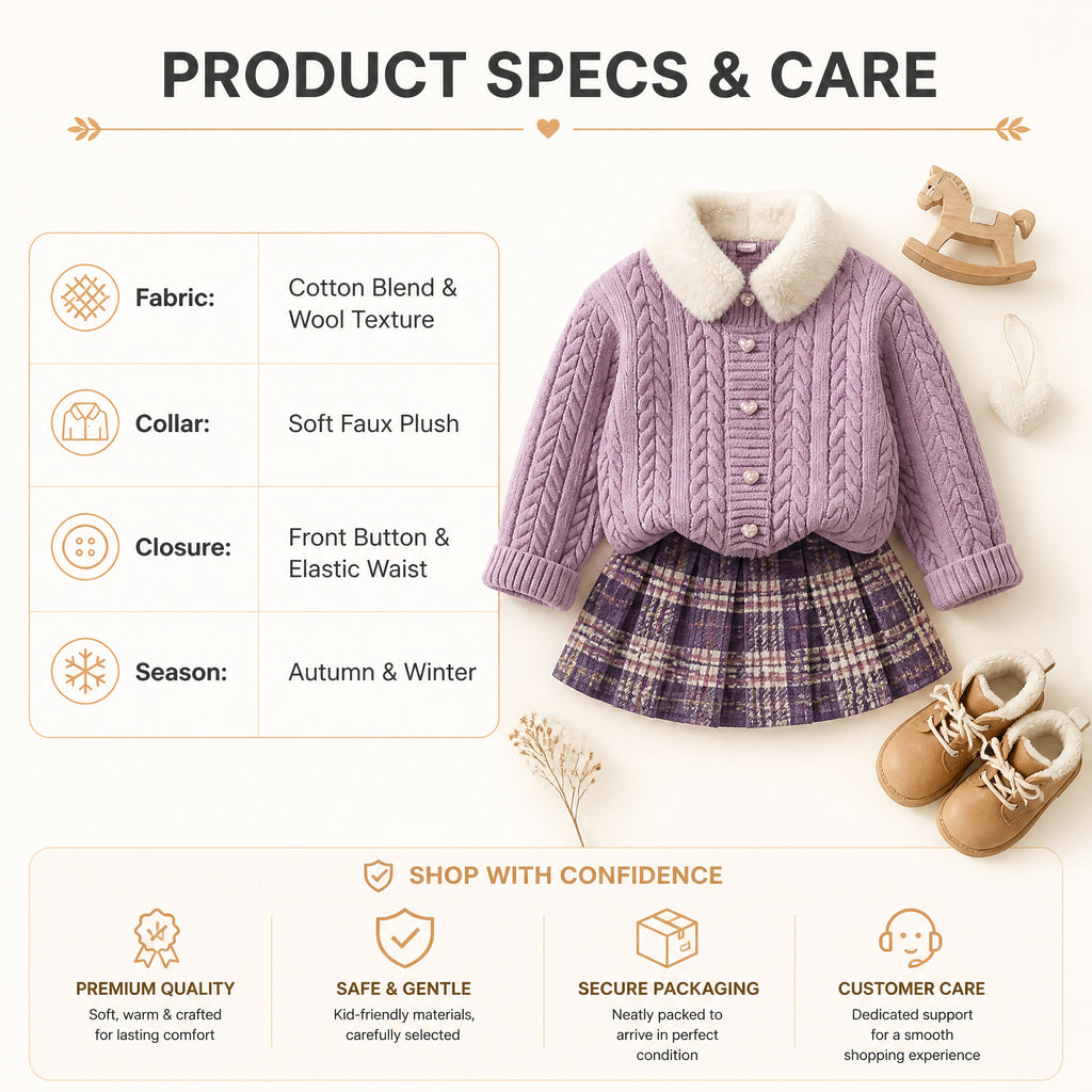 Heirloom Heart Cable-Knit Cardigan & Plaid Skirt Set