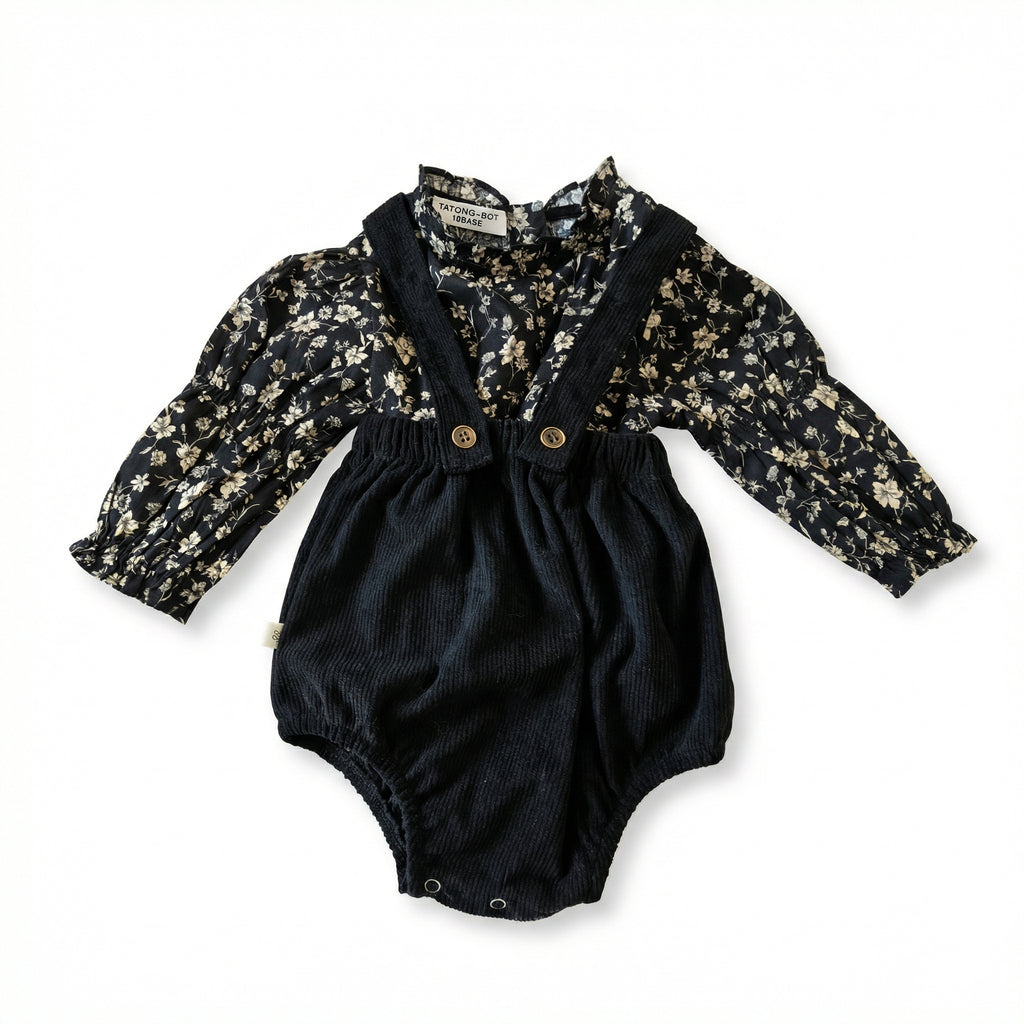 TATATONG-BOT [THE LORE OF VESTIGIA] 10BASE-13 "Midnight Flora" Archival Vintage Floral Blouse & Fine-Wale Corduroy Bloomer Set // Infants' & Toddlers' 2-Piece Milestone Specimen Suit, Special Occasion & Formal Heirloom Gown
