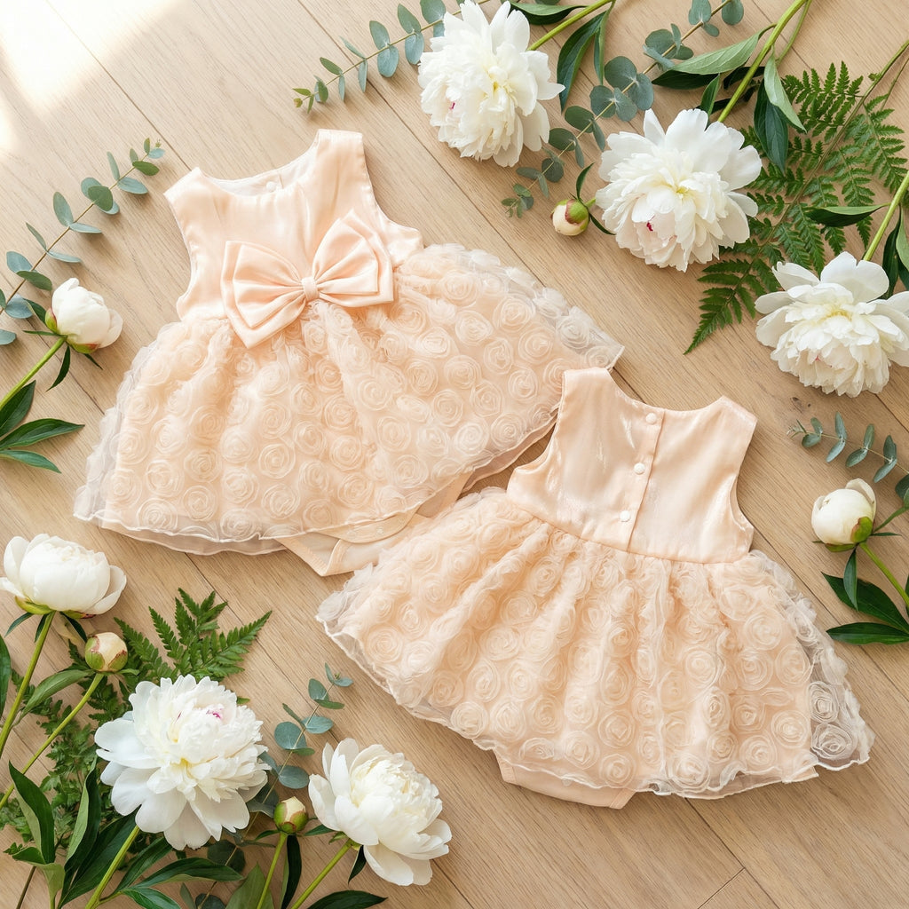 TATATONG-BOT [VESTIGIA] 10BASE-15 "Ethereal Rose" 3D-Sculptured Floral Lace Multi-Layer Sensory-Ceremony Romper Dress // Infant & Toddler Milestone Ceremonial Suit, Special Occasion & Formal Heirloom Gown