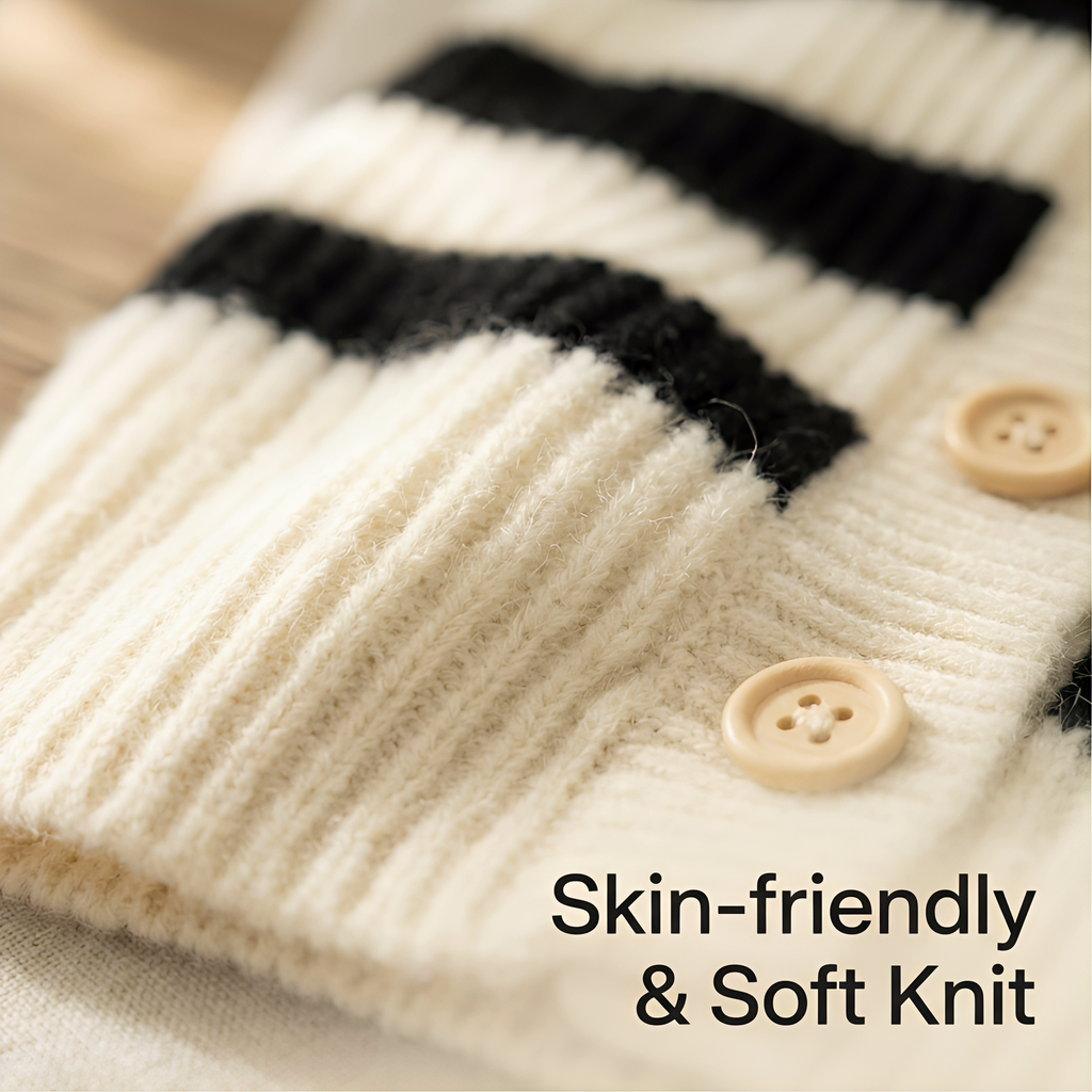 TATATONG-BOT [MONOLITH] 10BASE-17 "Rhythmic Geometry" Heavy-Weight Soft-Knit Striped Cardigan & Bloomer Set // Infant & Toddler 2-Piece Architectural Knitwear, Intellectual Balance & Sensory-Soft Apparel
