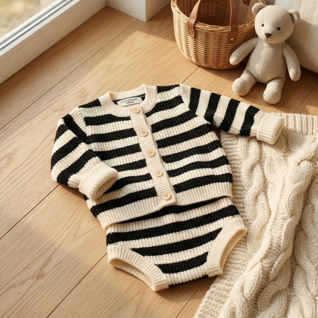TATATONG-BOT [MONOLITH] 10BASE-17 "Rhythmic Geometry" Heavy-Weight Soft-Knit Striped Cardigan & Bloomer Set // Infant & Toddler 2-Piece Architectural Knitwear, Intellectual Balance & Sensory-Soft Apparel