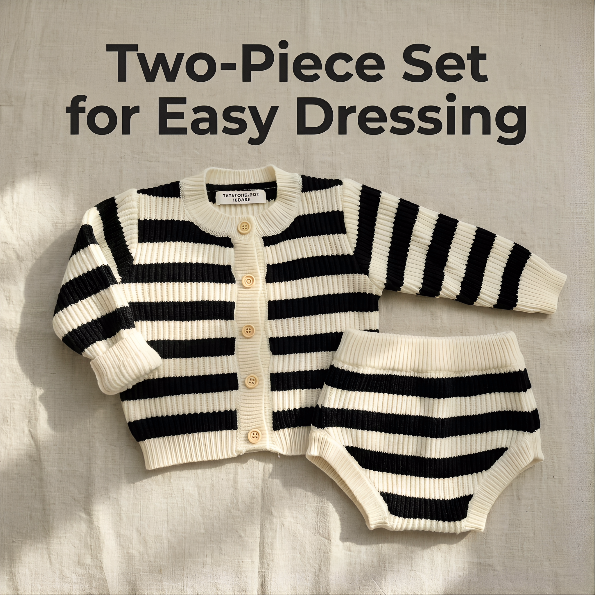 TATATONG-BOT [MONOLITH] 10BASE-17 "Rhythmic Geometry" Heavy-Weight Soft-Knit Striped Cardigan & Bloomer Set // Infant & Toddler 2-Piece Architectural Knitwear, Intellectual Balance & Sensory-Soft Apparel