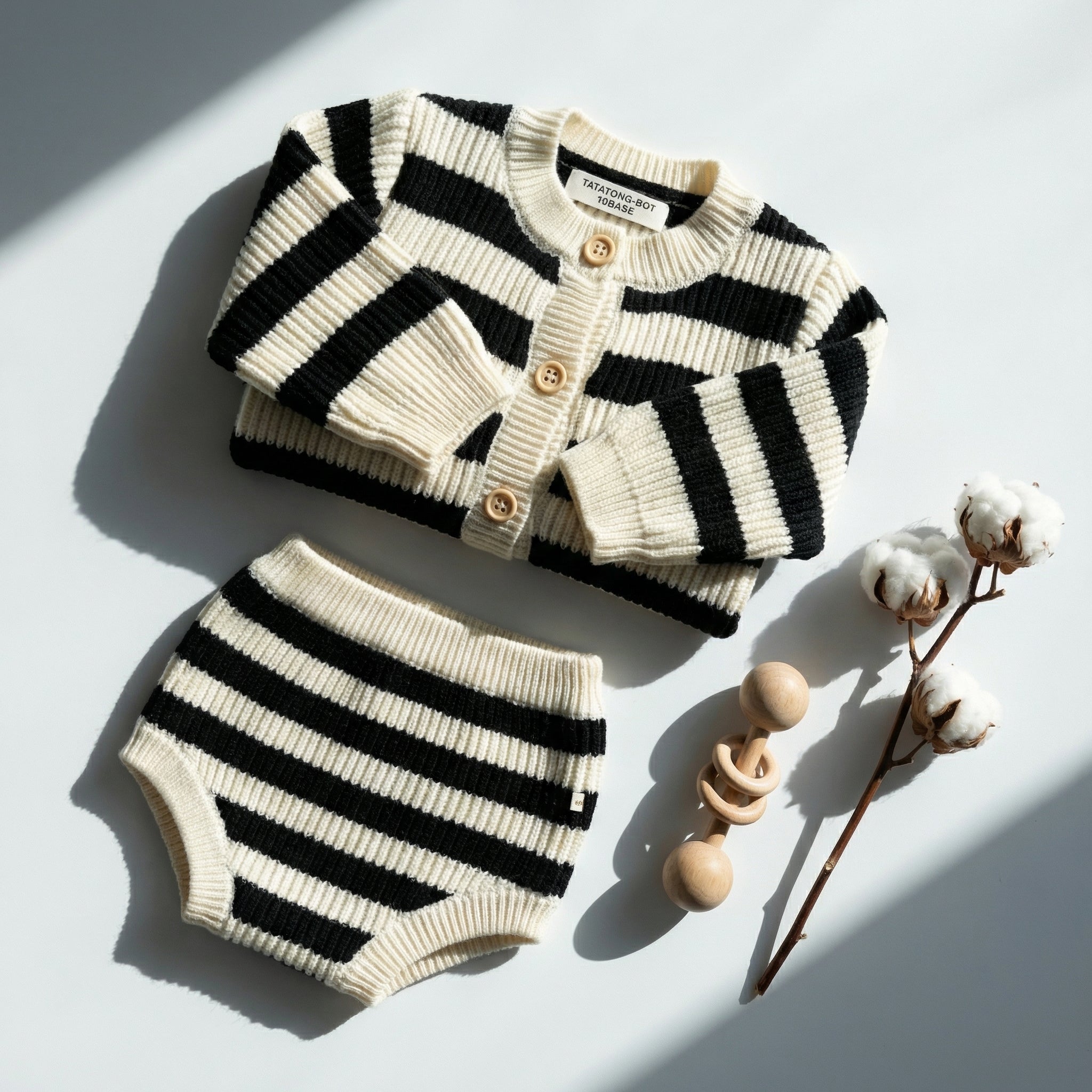 TATATONG-BOT [MONOLITH] 10BASE-17 "Rhythmic Geometry" Heavy-Weight Soft-Knit Striped Cardigan & Bloomer Set // Infant & Toddler 2-Piece Architectural Knitwear, Intellectual Balance & Sensory-Soft Apparel