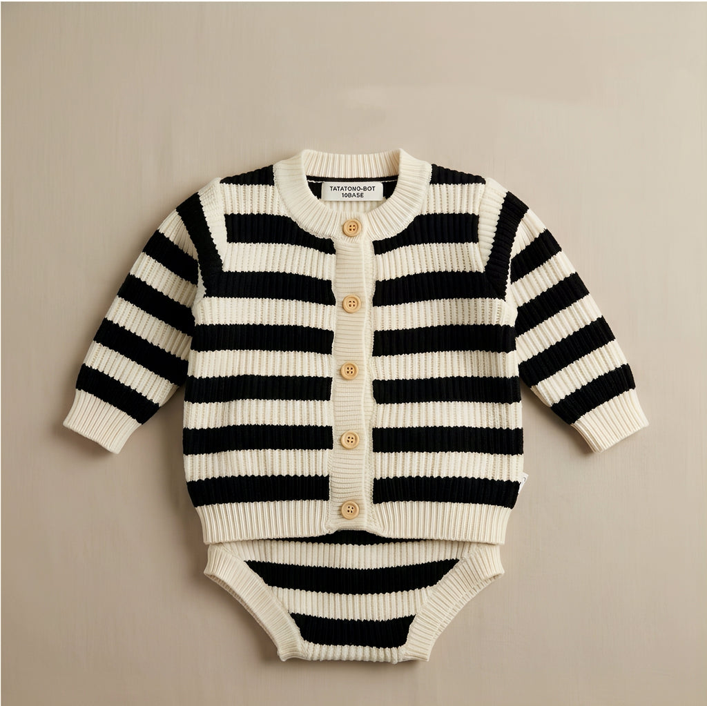 TATATONG-BOT [MONOLITH] 10BASE-17 "Rhythmic Geometry" Heavy-Weight Soft-Knit Striped Cardigan & Bloomer Set // Infant & Toddler 2-Piece Architectural Knitwear, Intellectual Balance & Sensory-Soft Apparel