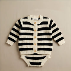 Rhythmic Geometry Striped Knit Cardigan & Bloomer Set