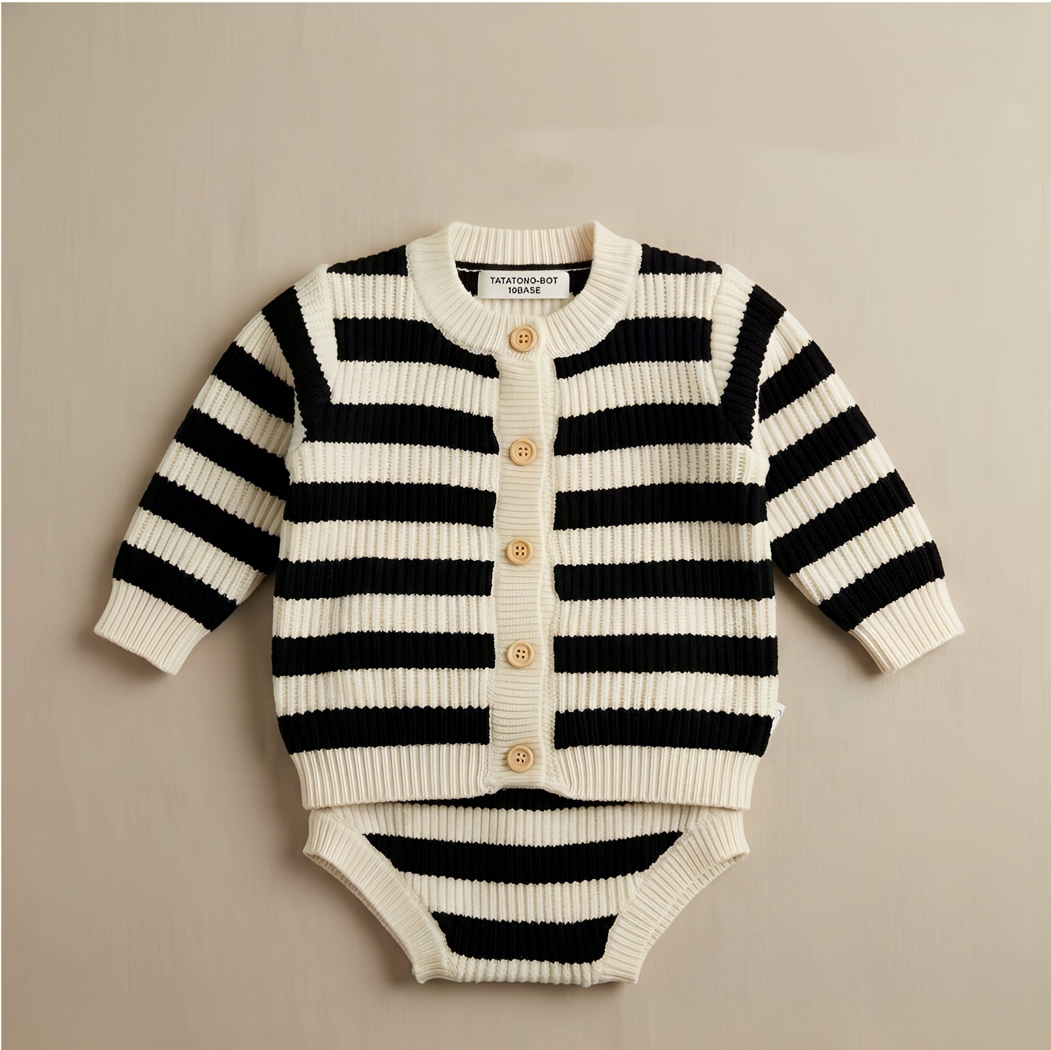 TATATONG-BOT [MONOLITH] 10BASE-17 "Rhythmic Geometry" Heavy-Weight Soft-Knit Striped Cardigan & Bloomer Set // Infant & Toddler 2-Piece Architectural Knitwear, Intellectual Balance & Sensory-Soft Apparel